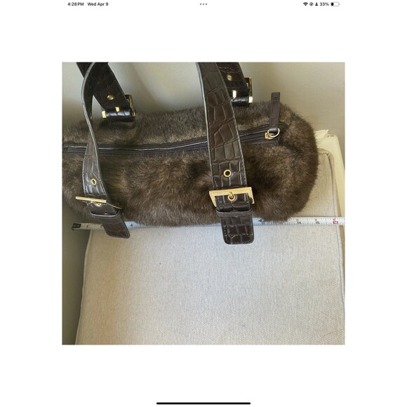 Pritzi Faux Fur Shoulder/Satchel Double Handle Handbag Brown 14” W x 5”D x 7” H - Picture 8 of 10